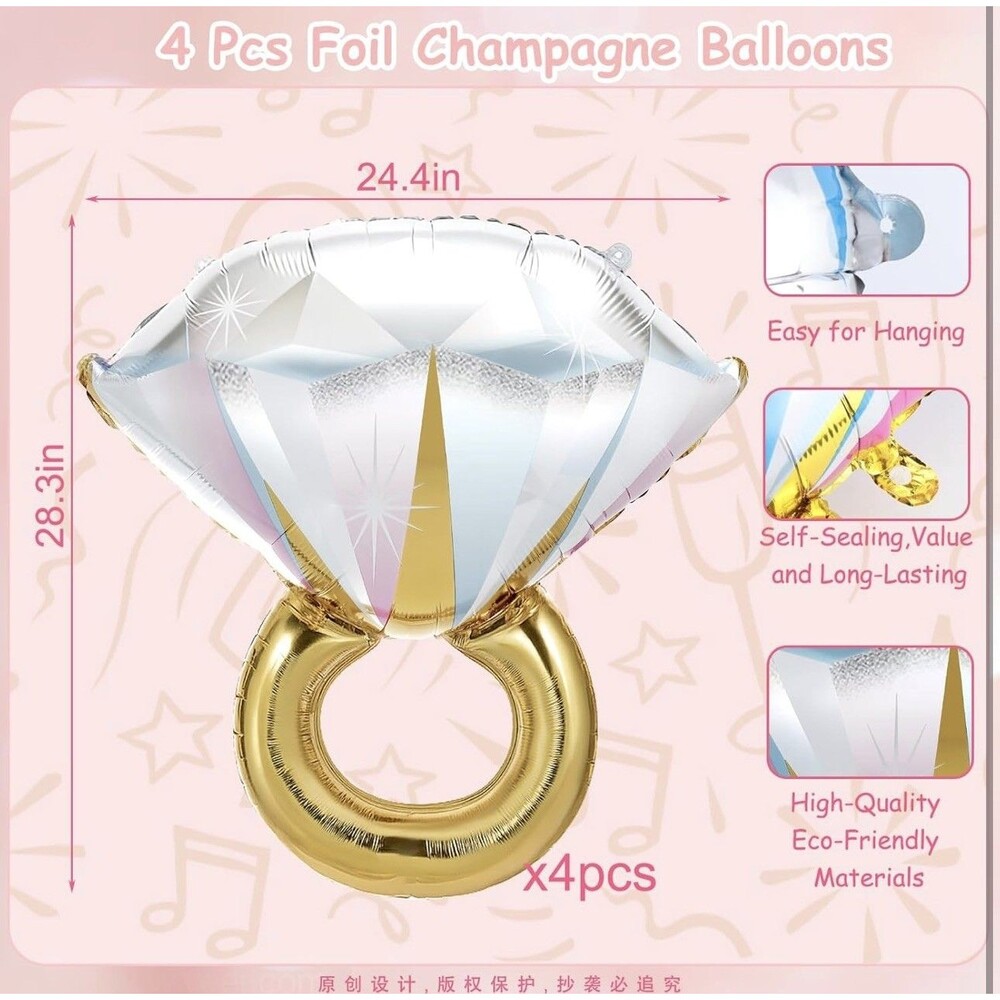 4pcs Diamond Engagement Ring Mylar Balloons, Marriage Engagement and Wedding Bri